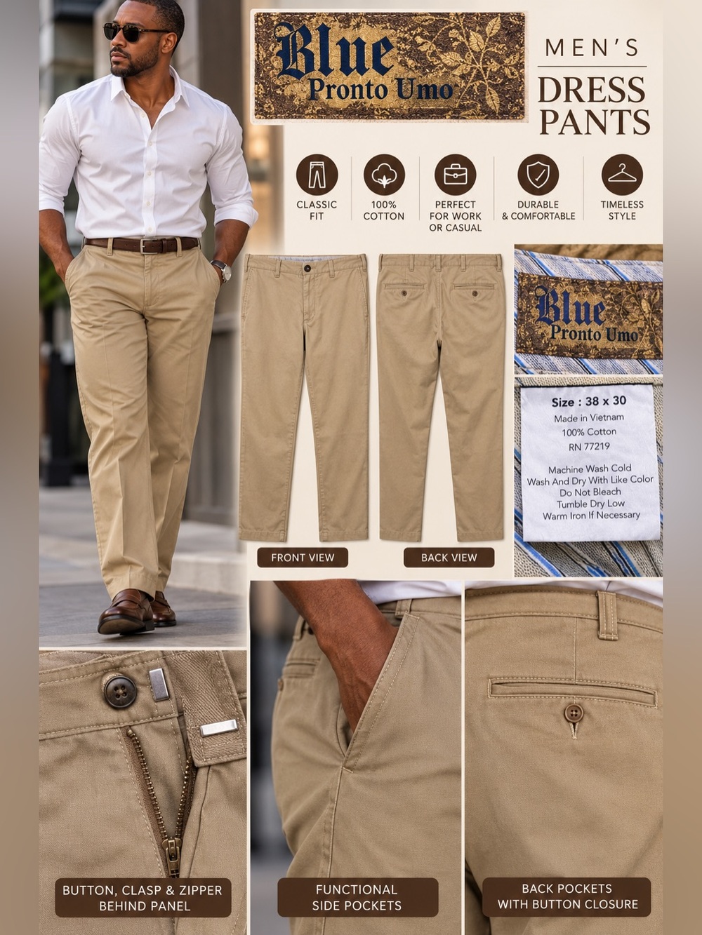 Pronto Uomo Tan Classic-Fit Chinos men’s size 38/30